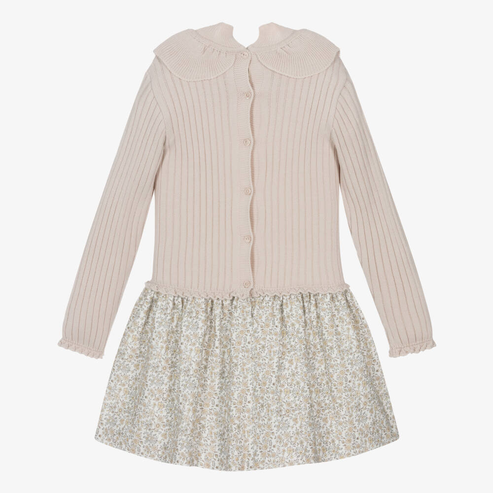 Artesanía Granlei-Girls Beige Ribbed Knit & Floral Dress | Childrensalon Outlet