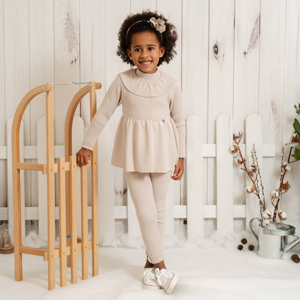 Artesanía Granlei-Girls Beige Ribbed Knit Leggings Set | Childrensalon Outlet