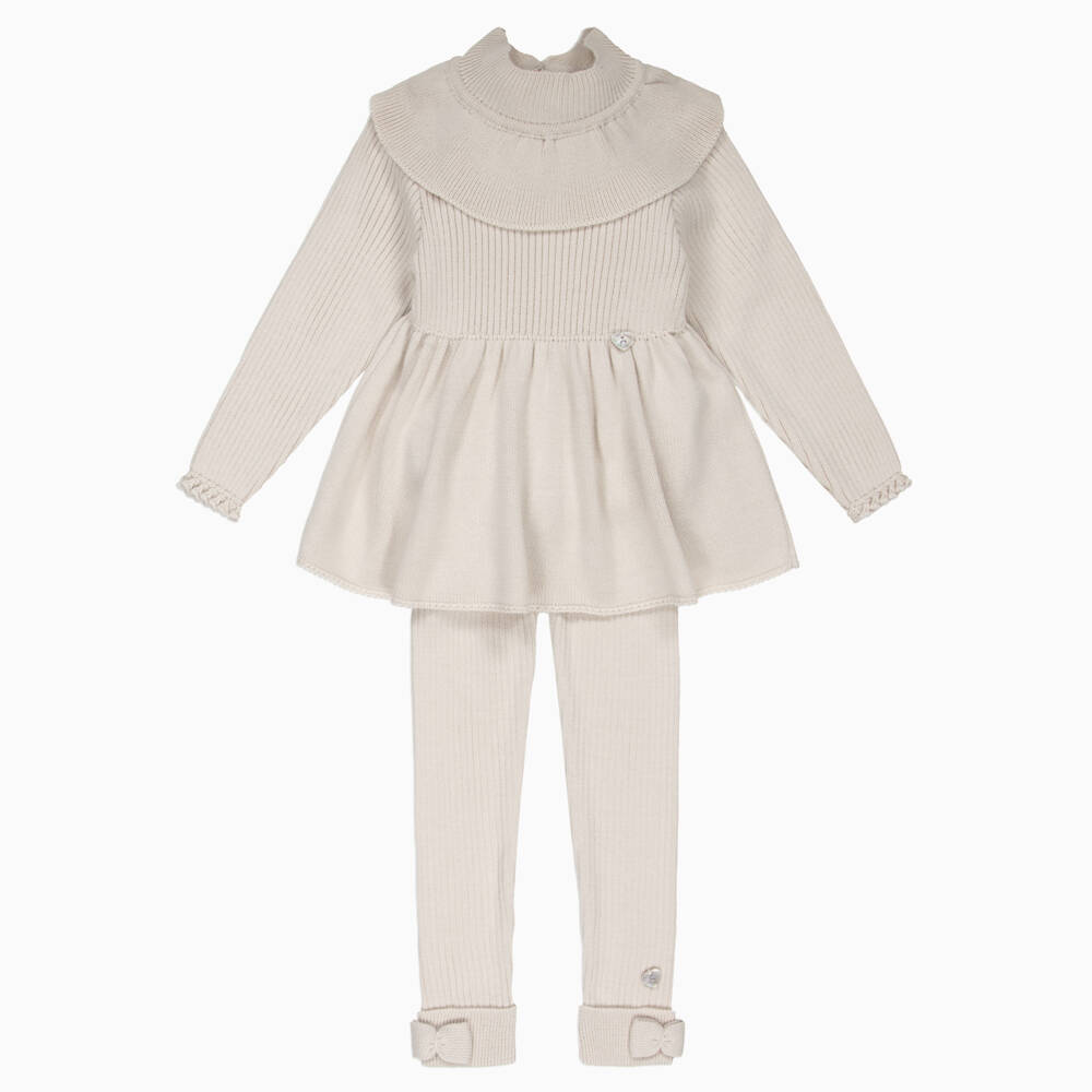 Artesanía Granlei-Girls Beige Ribbed Knit Leggings Set | Childrensalon Outlet