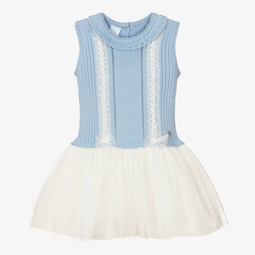 Artesanía Granlei - Girls Blue Cotton Knit Tulle Dress | Childrensalon