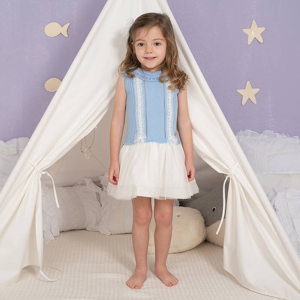 Artesanía Granlei-فستان قطن محبوك وتول لون أزرق | Childrensalon Outlet