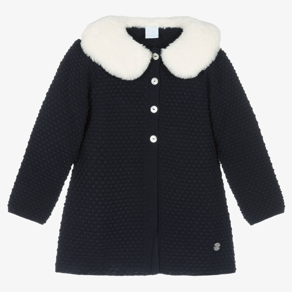 Artesanía Granlei - Girls Blue Knitted Faux Fur Collar Coat | Childrensalon