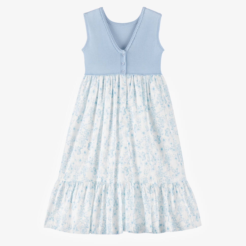 Artesanía Granlei-Girls Blue Knitted & Floral Patterned Dress | Childrensalon Outlet