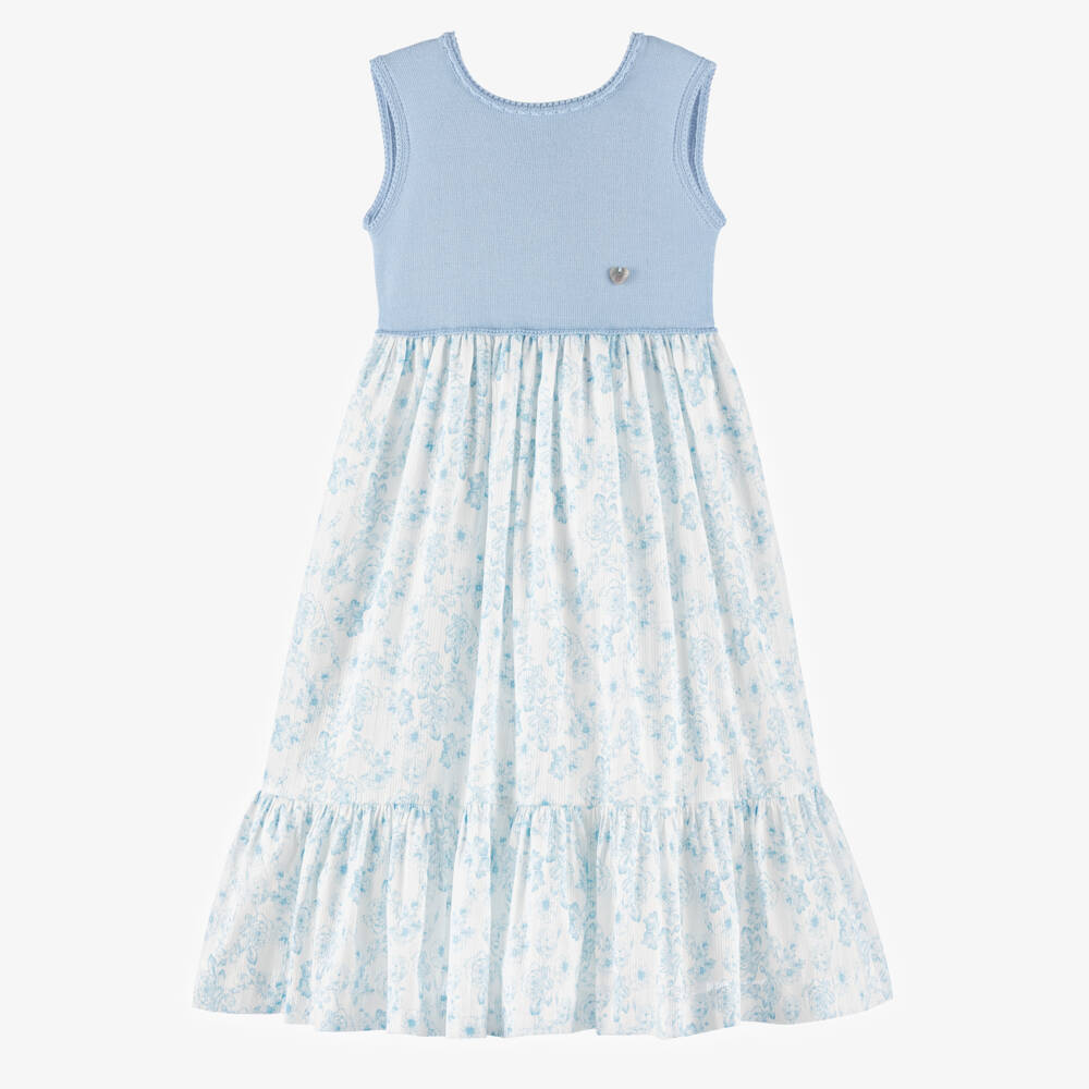 Artesanía Granlei-Girls Blue Knitted & Floral Patterned Dress | Childrensalon Outlet