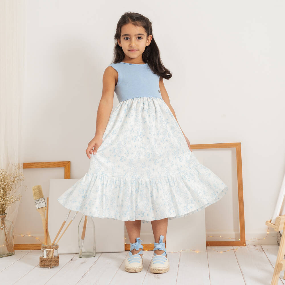 Artesanía Granlei-Girls Blue Knitted & Floral Patterned Dress | Childrensalon Outlet