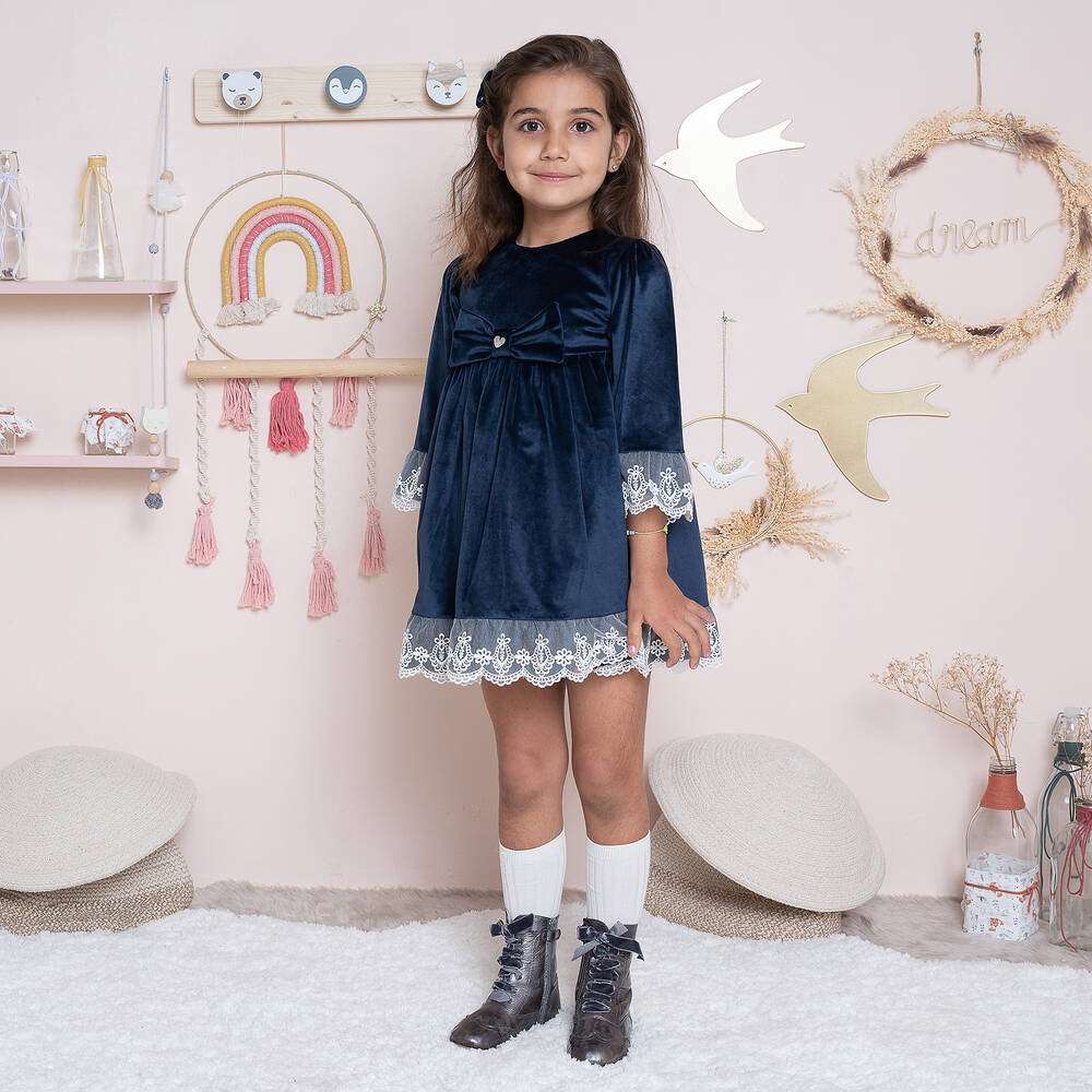 ارتيزانيا  غرانلي-فستان مخمل مزين بدانتيل لون كحلي | Childrensalon Outlet