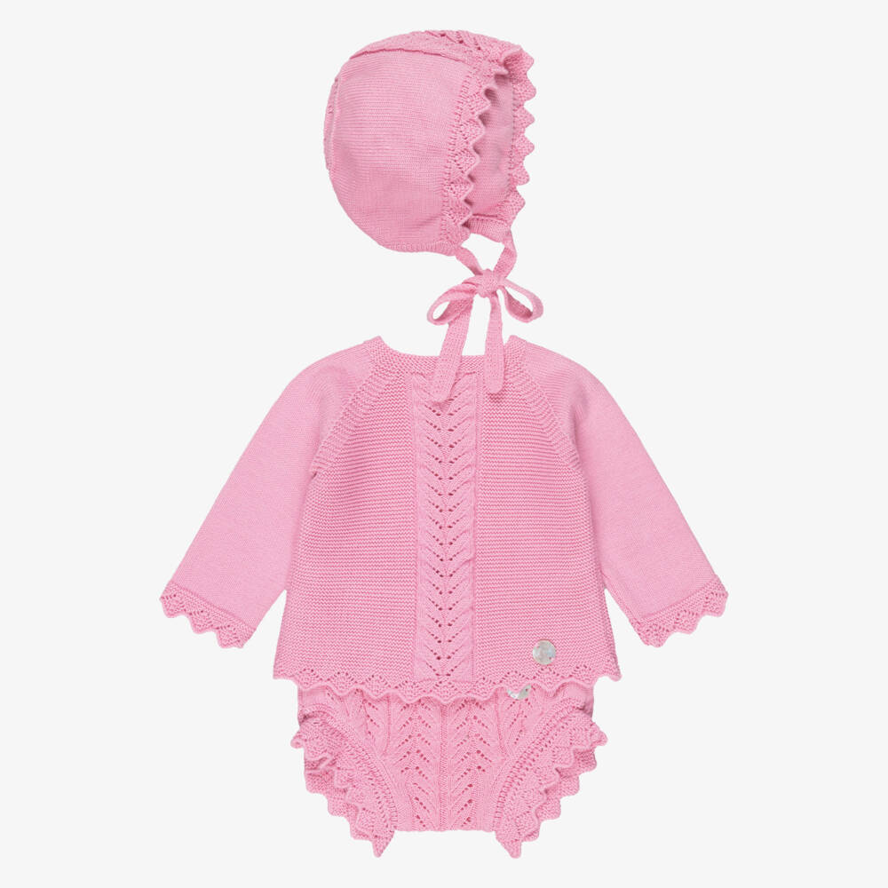 Artesanía Granlei-Girls Bright Pink Knitted Shorts Set with Bonnet | Childrensalon Outlet
