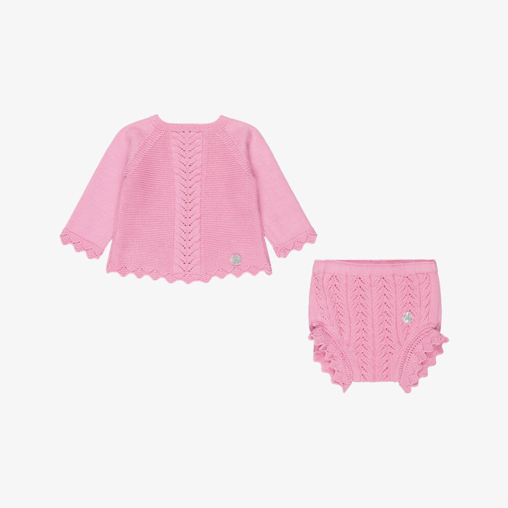 Artesanía Granlei-Girls Bright Pink Knitted Shorts Set with Bonnet | Childrensalon Outlet