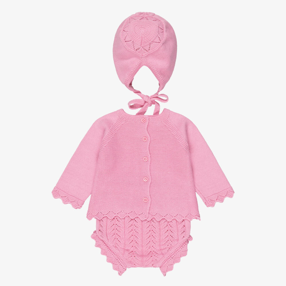 Artesanía Granlei-Girls Bright Pink Knitted Shorts Set with Bonnet | Childrensalon Outlet
