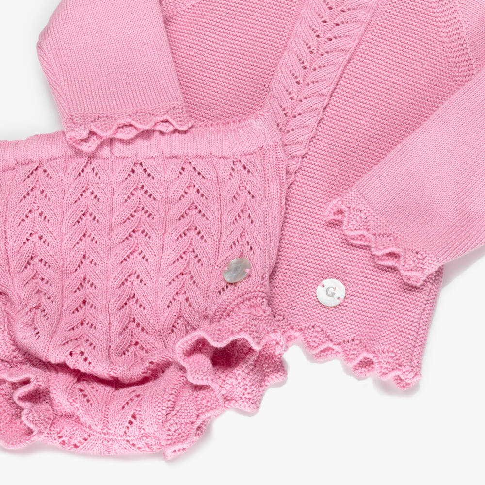 Artesanía Granlei-Girls Bright Pink Knitted Shorts Set with Bonnet | Childrensalon Outlet