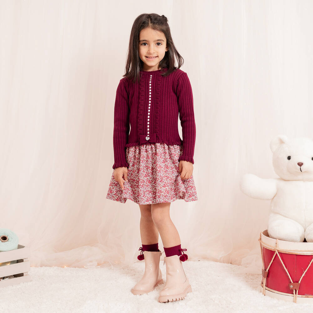 Artesanía Granlei-Girls Burgundy Red Cotton Floral Dress | Childrensalon Outlet