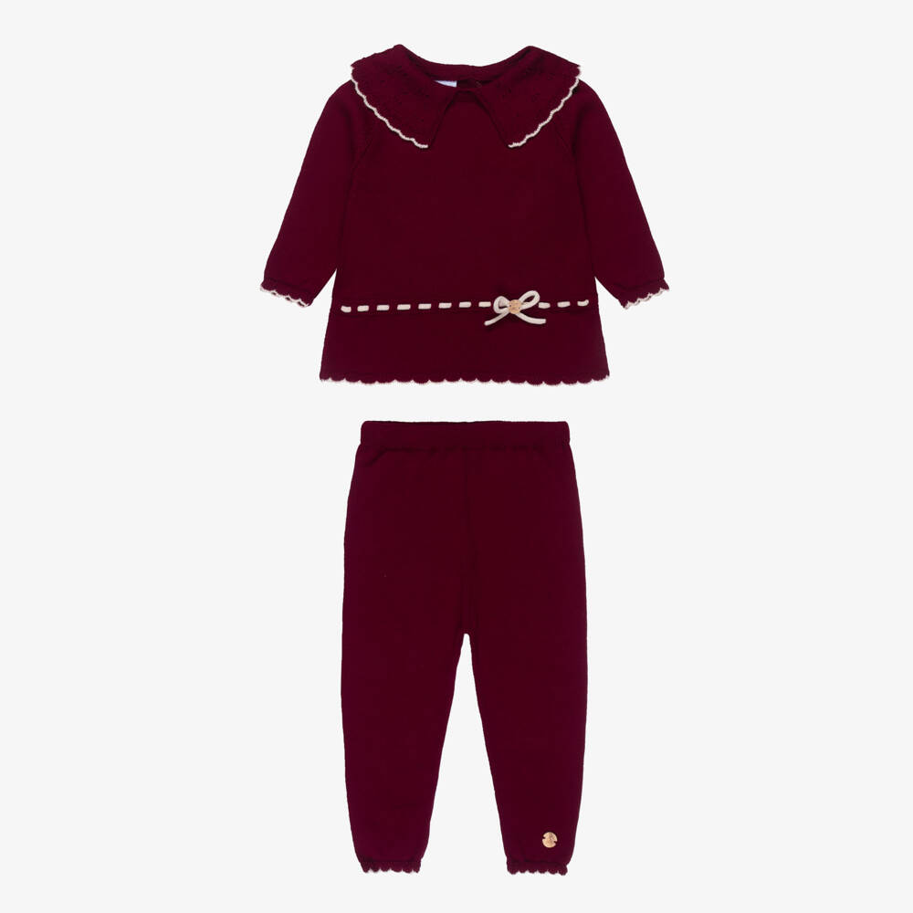 Artesanía Granlei-Girls Burgundy Red Knit Trouser Set with Beige Trim | Childrensalon Outlet