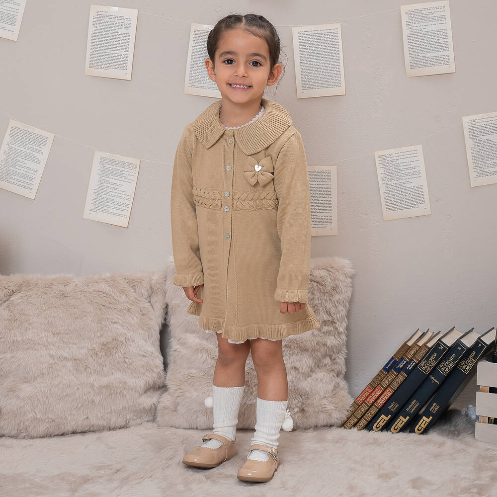 Artesanía Granlei-Girls Camel Beige Knitted Bow Coat | Childrensalon Outlet