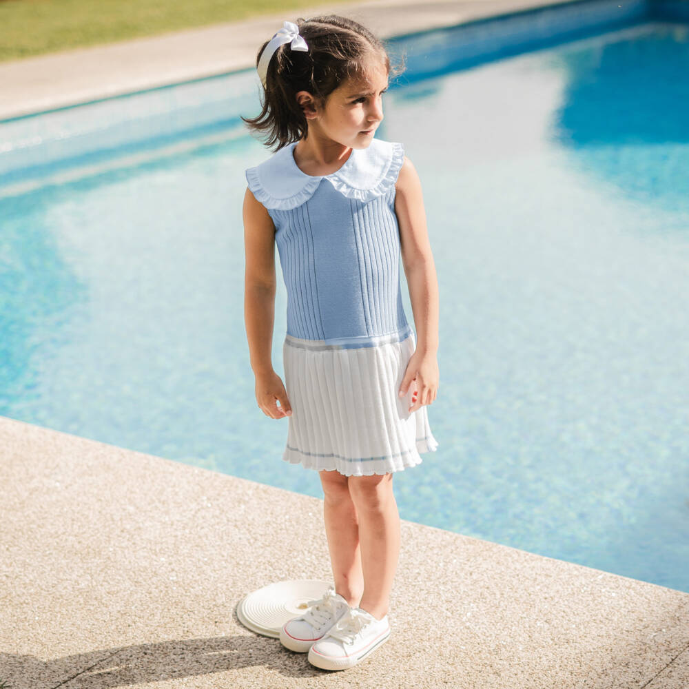 Artesanía Granlei-Girls Cotton Knit Dress in Blue Tones | Childrensalon Outlet