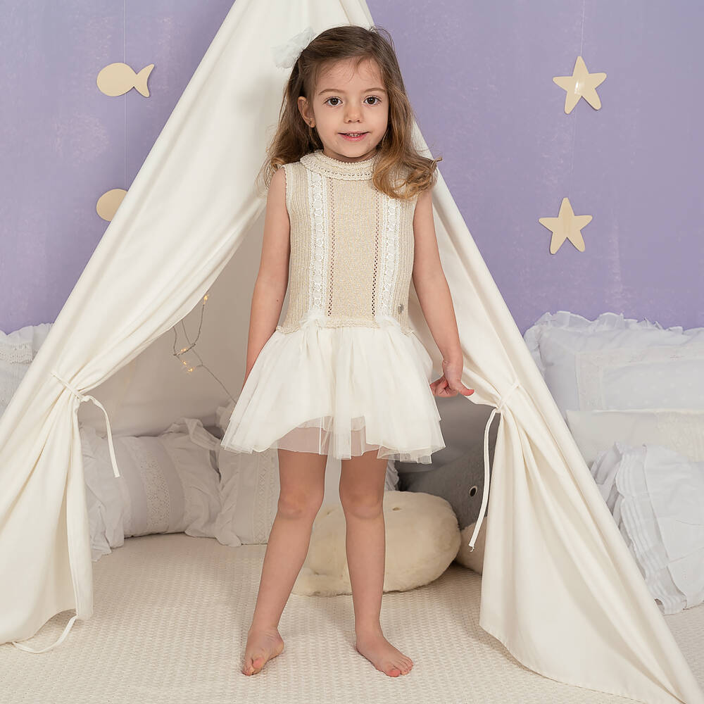 Artesanía Granlei-Золотистое трикотажное платье с юбкой из тюля | Childrensalon Outlet