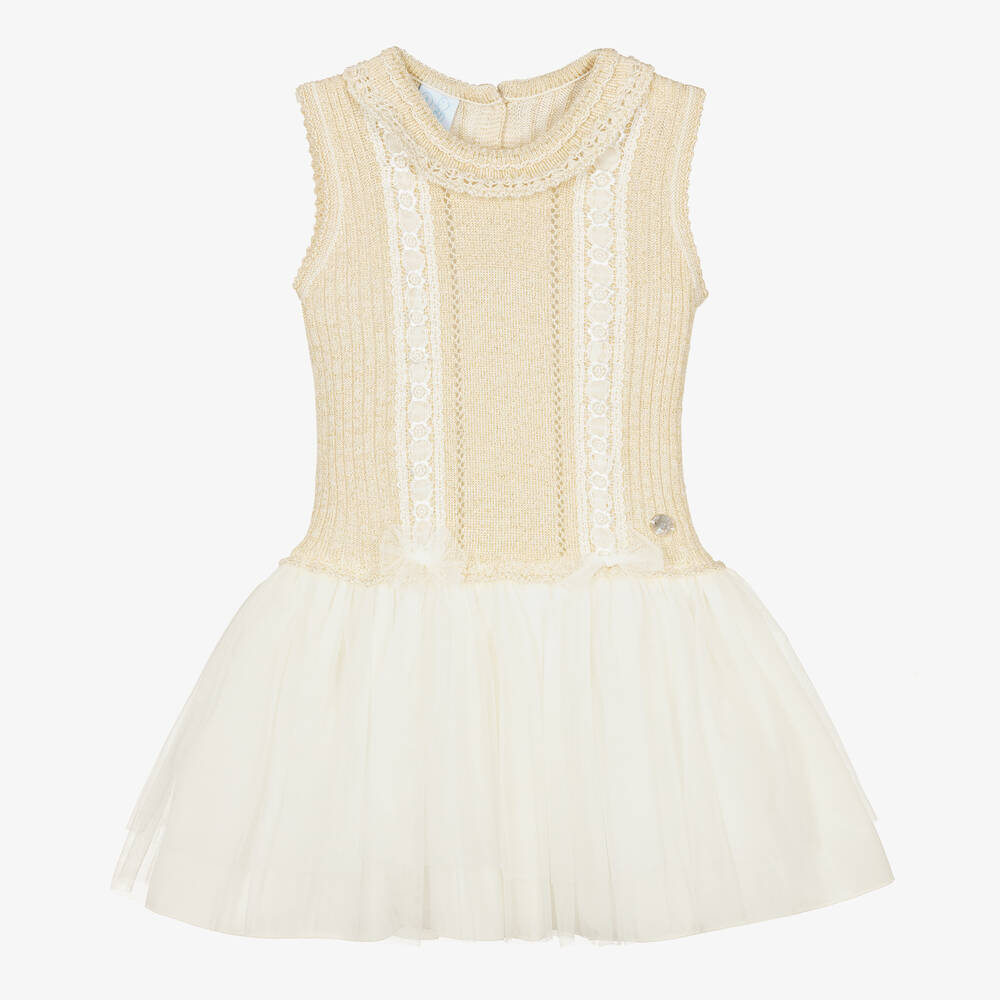 Artesanía Granlei - Золотистое трикотажное платье с юбкой из тюля | Childrensalon