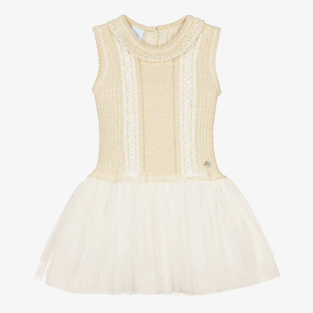 Artesanía Granlei-Золотистое трикотажное платье с юбкой из тюля | Childrensalon Outlet