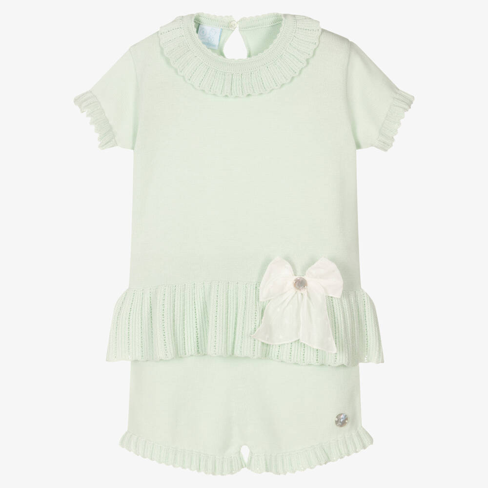 Artesanía Granlei - Girls Green Cotton Knit Shorts Set  | Childrensalon
