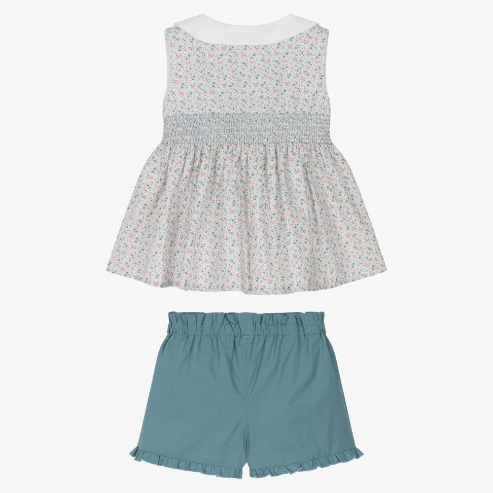 Artesanía Granlei-Girls Green Cotton Shorts Set with Shirred Floral Top | Childrensalon Outlet