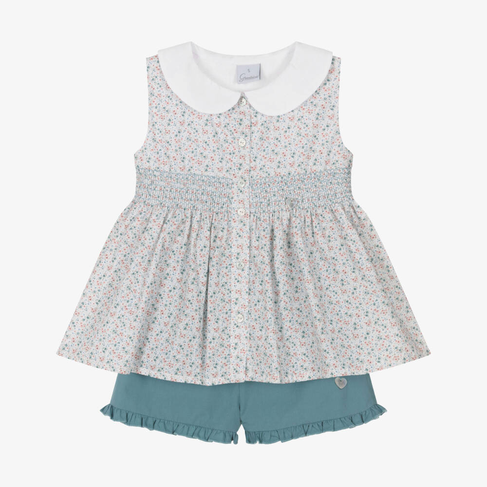 Artesanía Granlei-Girls Green Cotton Shorts Set with Shirred Floral Top | Childrensalon Outlet