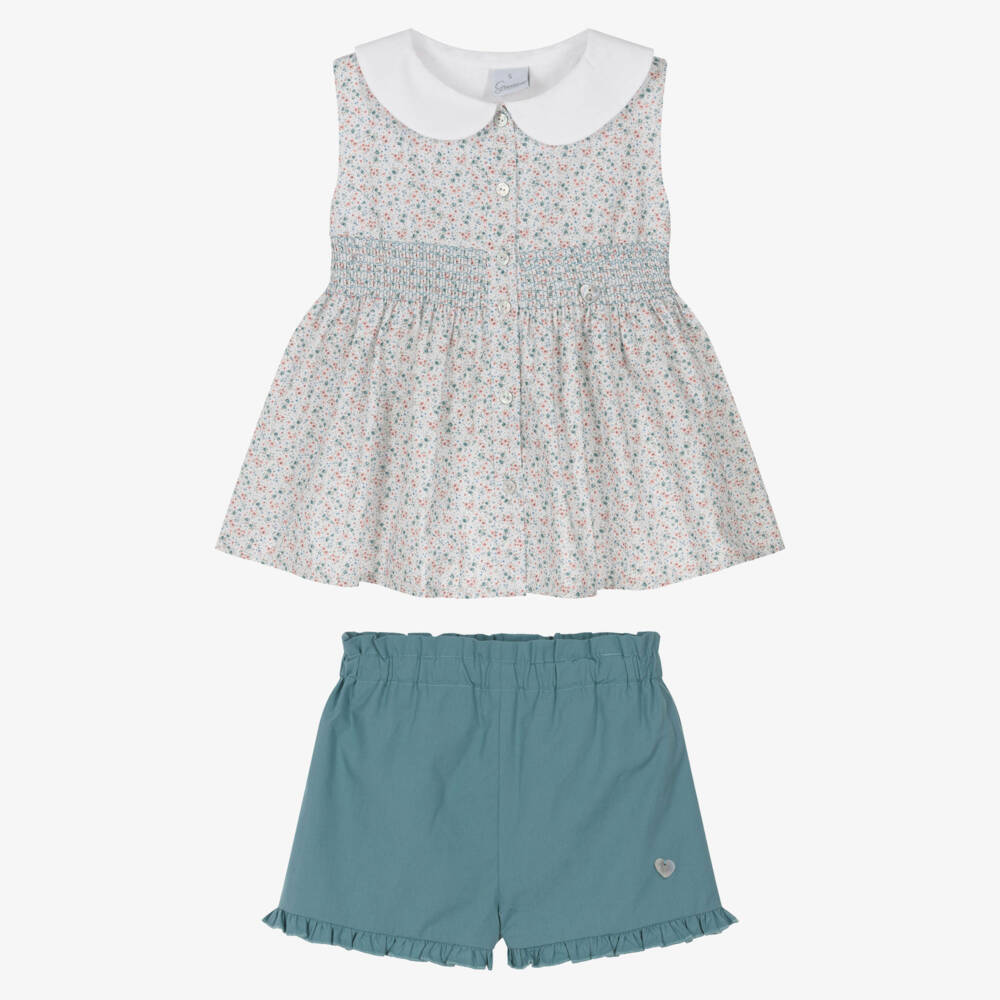 Artesanía Granlei-Girls Green Cotton Shorts Set with Shirred Floral Top | Childrensalon Outlet
