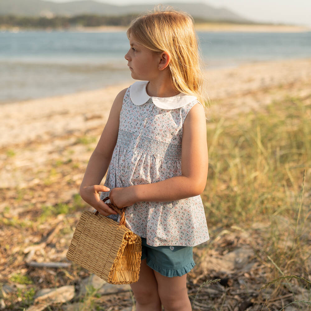 Artesanía Granlei-Girls Green Cotton Shorts Set with Shirred Floral Top | Childrensalon Outlet