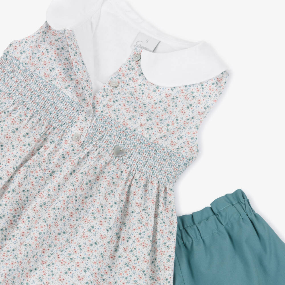 Artesanía Granlei-Girls Green Cotton Shorts Set with Shirred Floral Top | Childrensalon Outlet