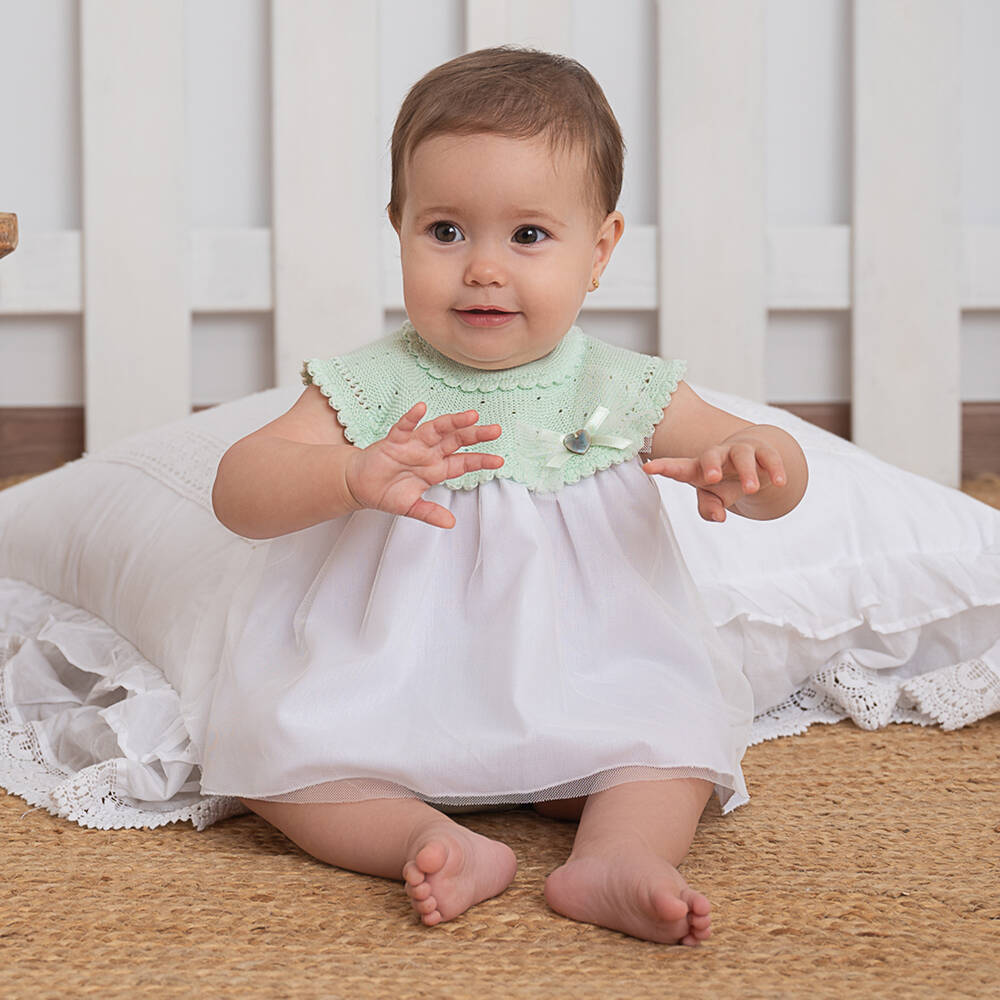 Artesanía Granlei-فستان مزيج قطن محبوك وتول لون أخضر فاتح | Childrensalon Outlet