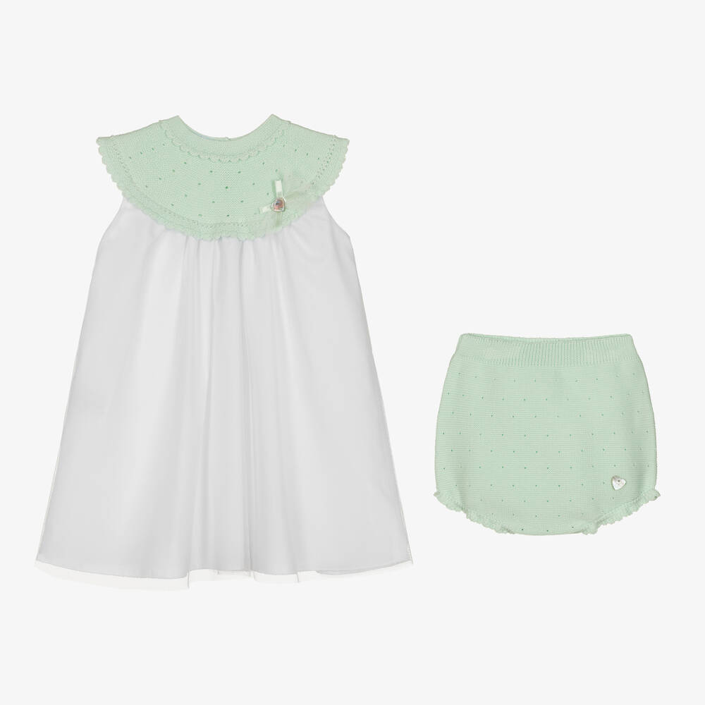 Artesanía Granlei-فستان مزيج قطن محبوك وتول لون أخضر فاتح | Childrensalon Outlet