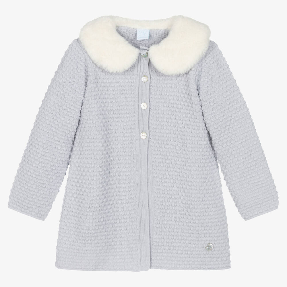 Artesanía Granlei - Girls Grey Knitted Faux Fur Collar Coat | Childrensalon