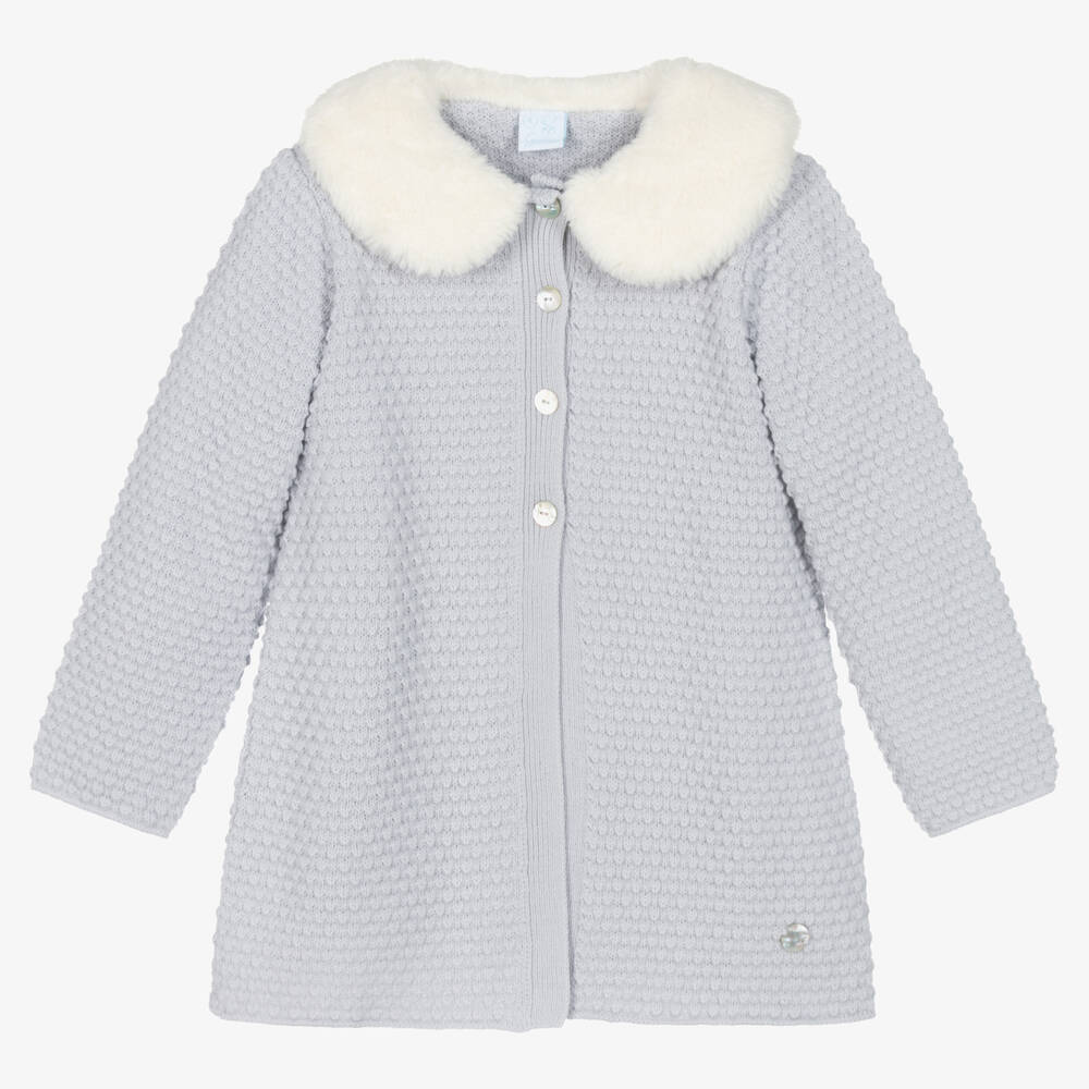 Artesanía Granlei-Girls Grey Knitted Faux Fur Collar Coat | Childrensalon Outlet