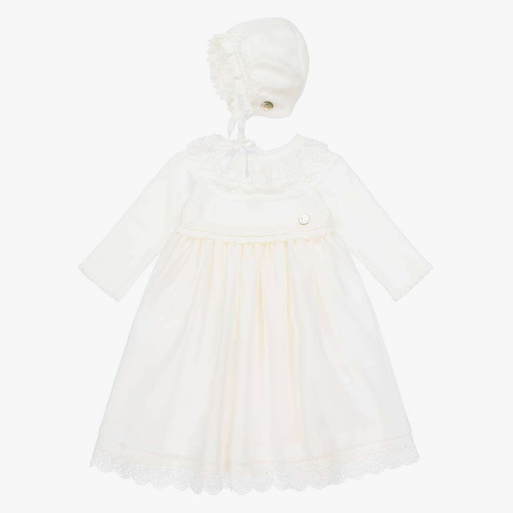 Artesanía Granlei - طقم فستان مراسم مزيج قطن وأكريليك لون عاجي للمولودات | Childrensalon