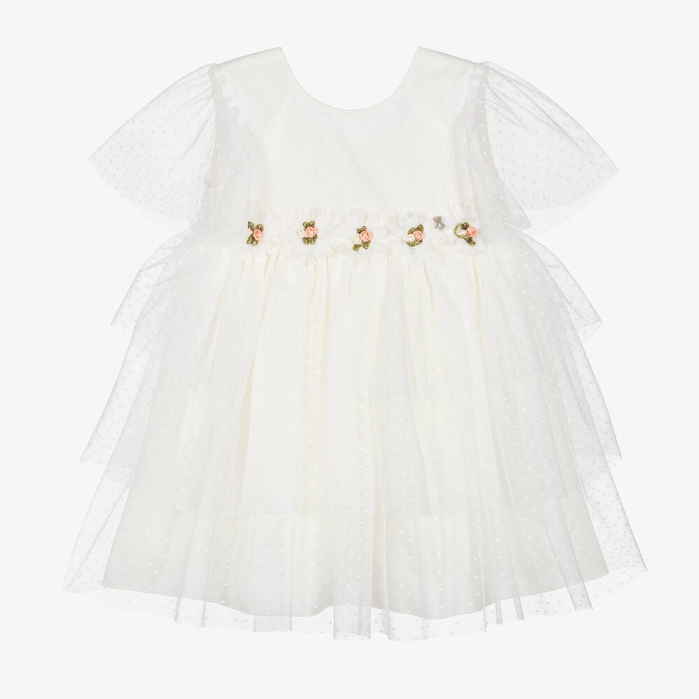 Artesanía Granlei - Robe ivoire brodée en tulle fille | Childrensalon