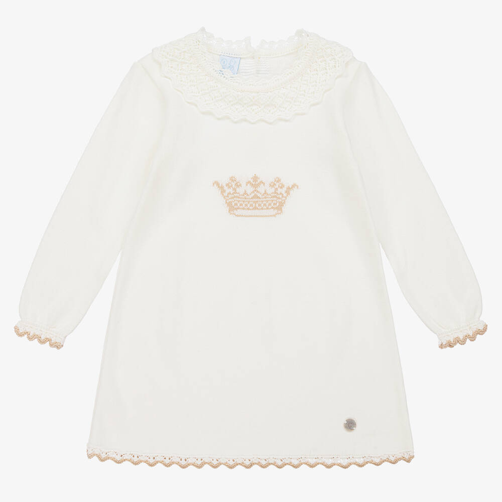 Artesanía Granlei - Girls Ivory Intarsia Crown Knitted Dress | Childrensalon