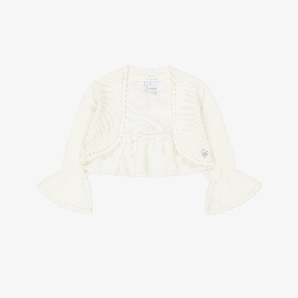 Artesanía Granlei-Girls Ivory Knitted Bolero Cardigan with Bow | Childrensalon Outlet