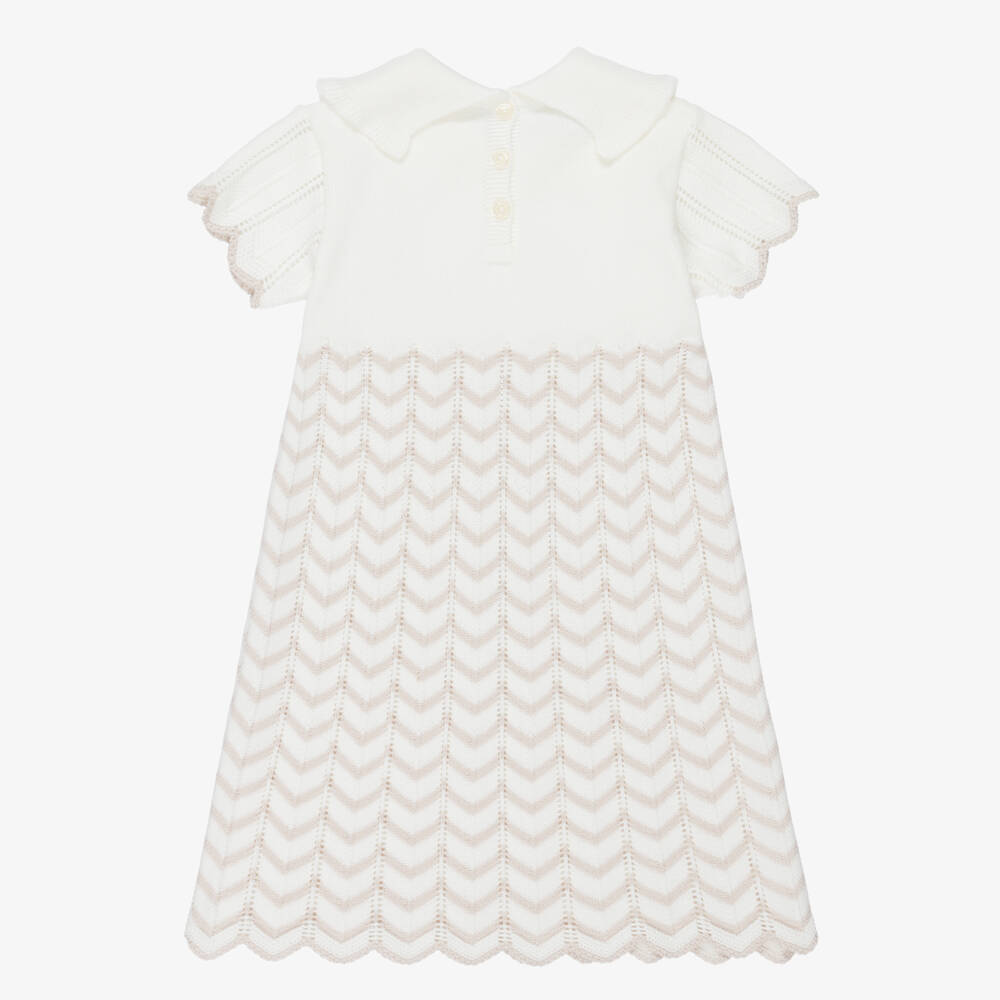 Artesanía Granlei-Girls Ivory Knitted Dress with Beige Zigzag | Childrensalon Outlet