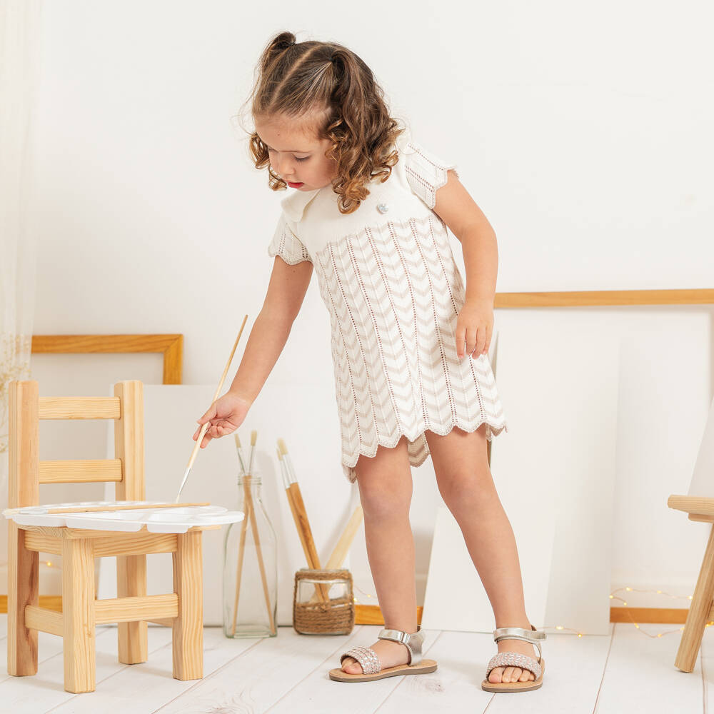 Artesanía Granlei-Girls Ivory Knitted Dress with Beige Zigzag | Childrensalon Outlet