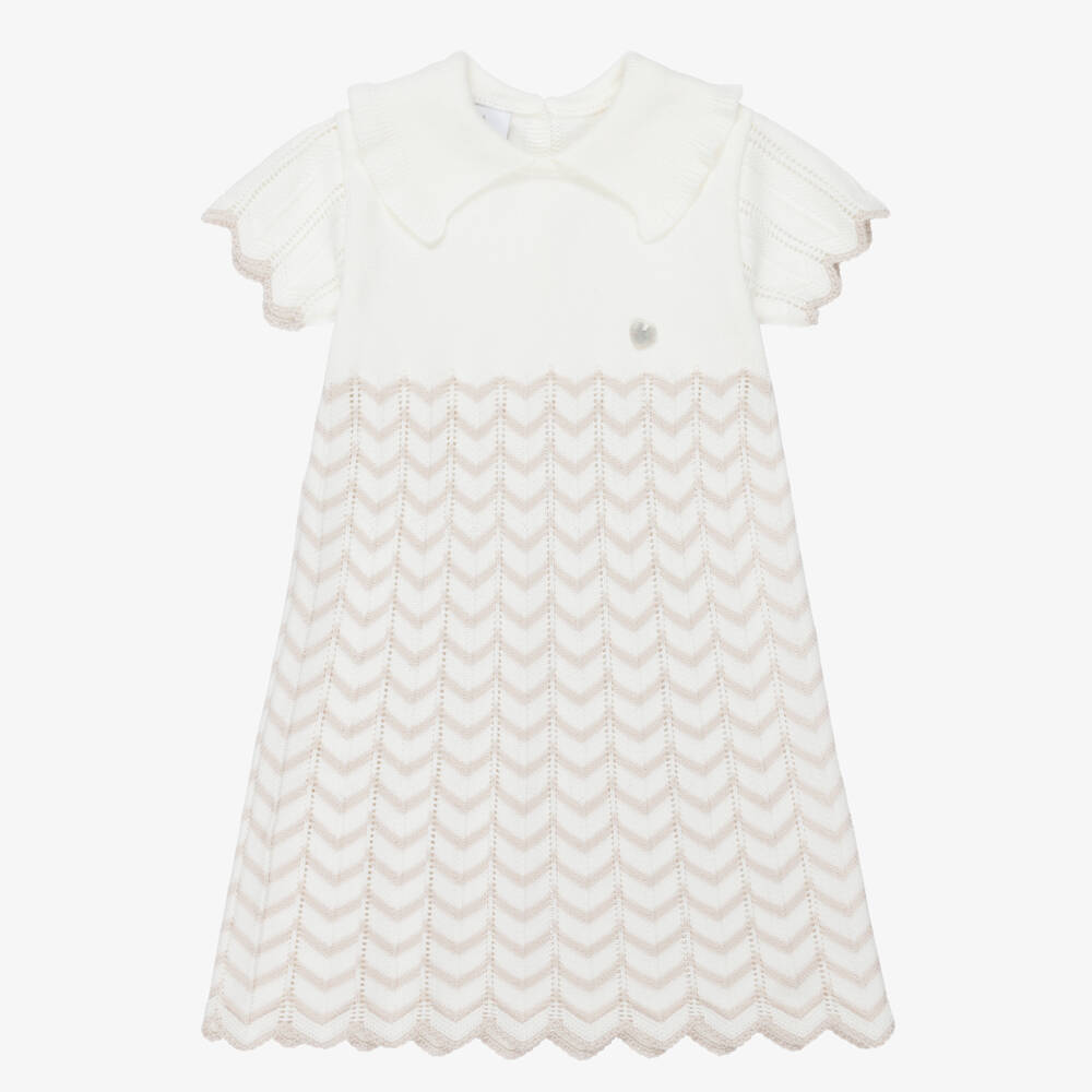 Artesanía Granlei-Girls Ivory Knitted Dress with Beige Zigzag | Childrensalon Outlet