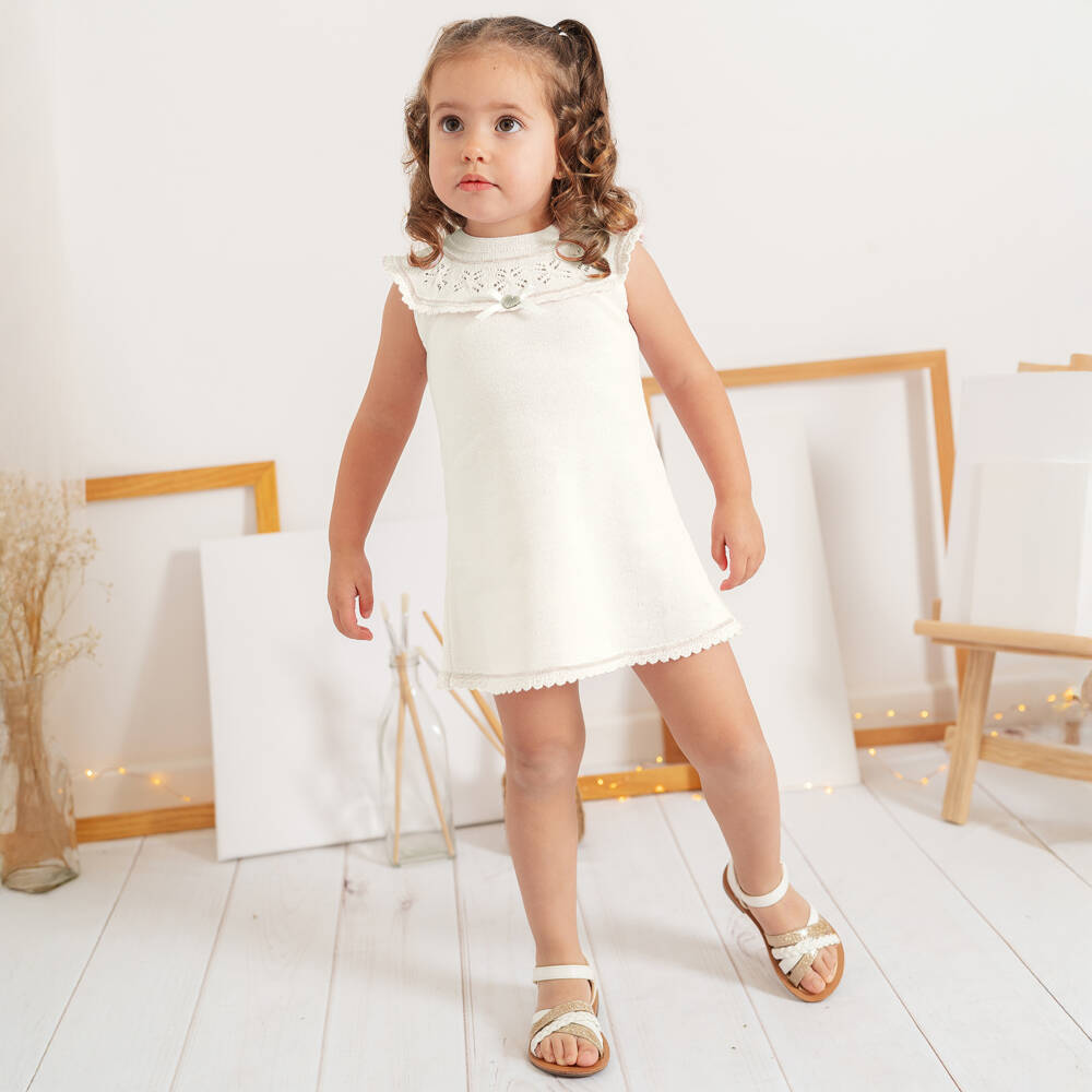 Artesanía Granlei-Girls Ivory Knitted Dress with Lacy Collar | Childrensalon Outlet