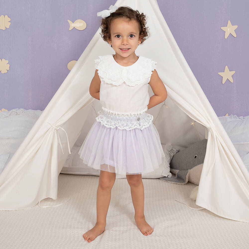 ارتيزانيا  غرانلي-طقم تنورة قطن عضوي وتول لون عاجي وبنفسجي | Childrensalon Outlet