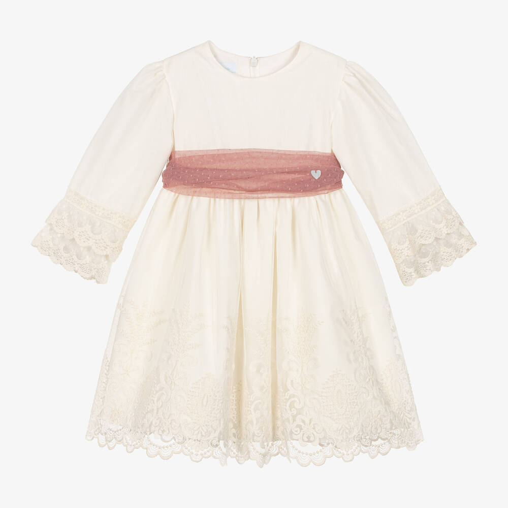 Artesanía Granlei - Кремовое платье с кружевом и розовым бантом из тюля | Childrensalon