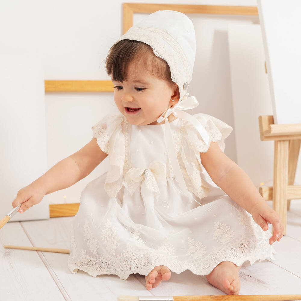 Artesanía Granlei-Girls Ivory Tulle Lace Dress & Bonnet Set | Childrensalon Outlet