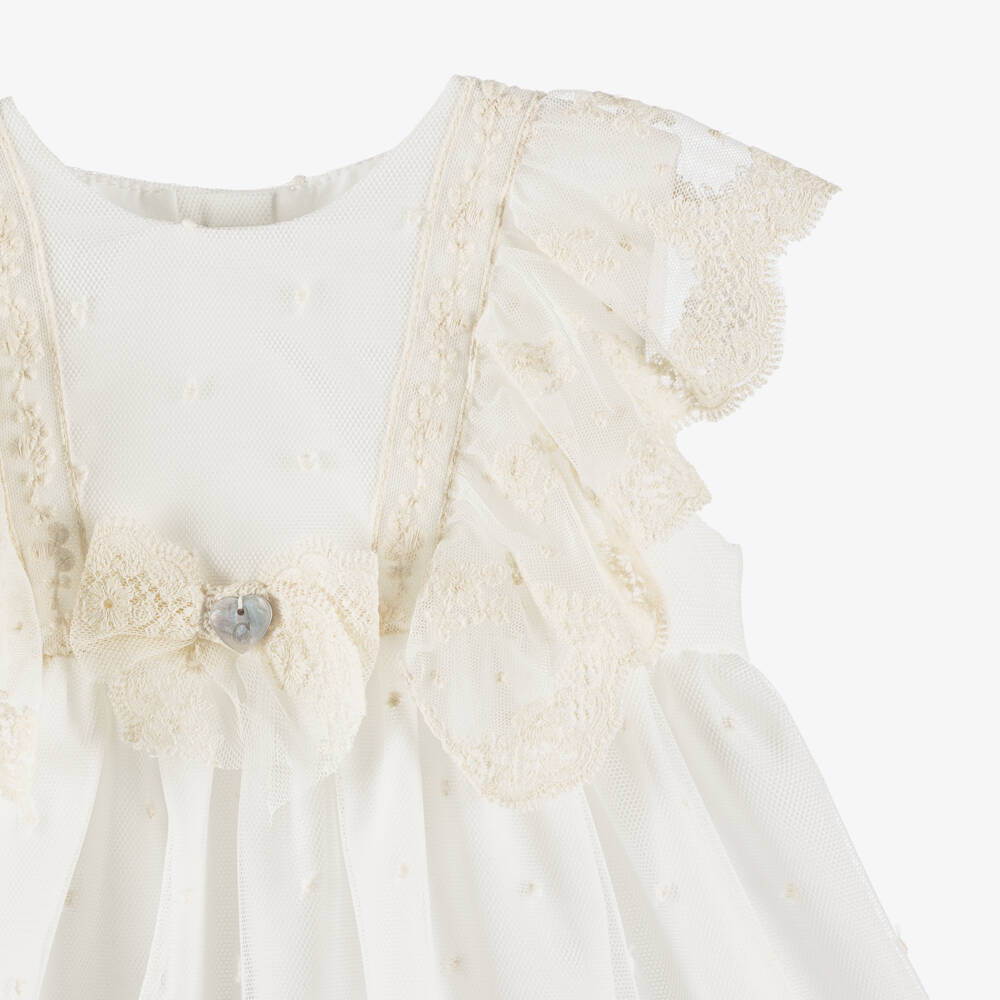 Artesanía Granlei-Girls Ivory Tulle Lace Dress & Bonnet Set | Childrensalon Outlet