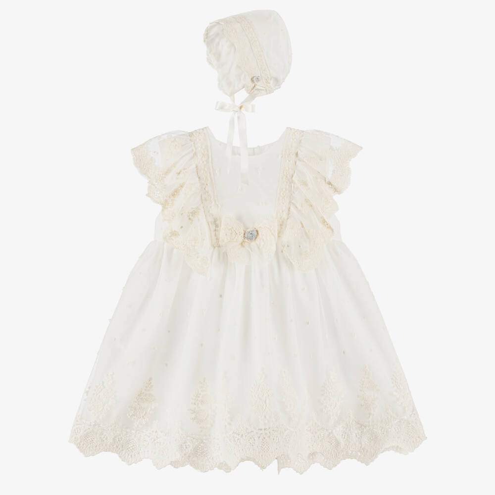 Artesanía Granlei-Girls Ivory Tulle Lace Dress & Bonnet Set | Childrensalon Outlet