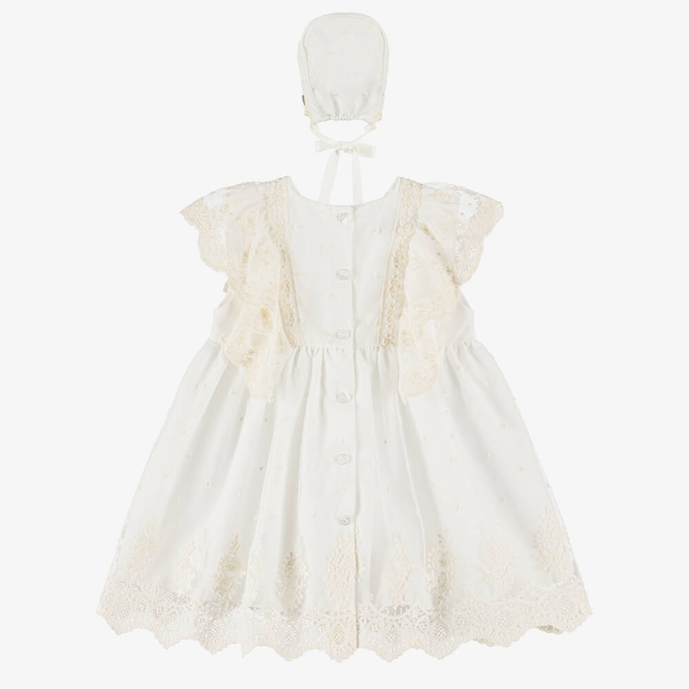 Artesanía Granlei-Girls Ivory Tulle Lace Dress & Bonnet Set | Childrensalon Outlet