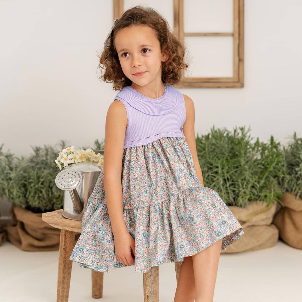 Artesanía Granlei-فستان محبوك باللون الخزامى للبنات مع نقوش زهرية | Childrensalon Outlet
