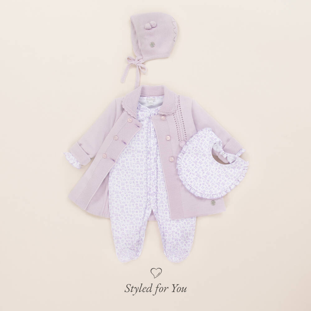 Artesanía Granlei-طقم معطف و قبعة محبوك لون بنفسجي للمولودات | Childrensalon Outlet