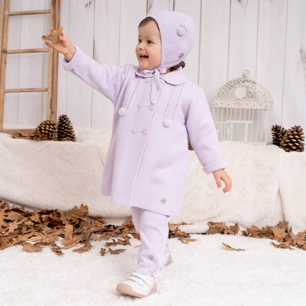 Artesanía Granlei-طقم معطف و قبعة محبوك لون بنفسجي للمولودات | Childrensalon Outlet