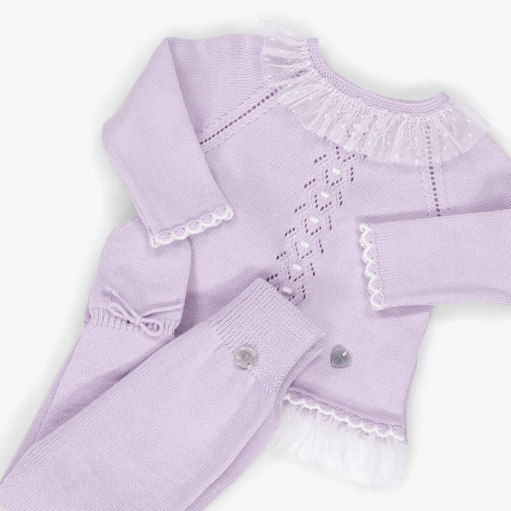 Artesanía Granlei-Girls Lilac Purple Knitted 2 Piece Babygrow with Ruffles | Childrensalon Outlet