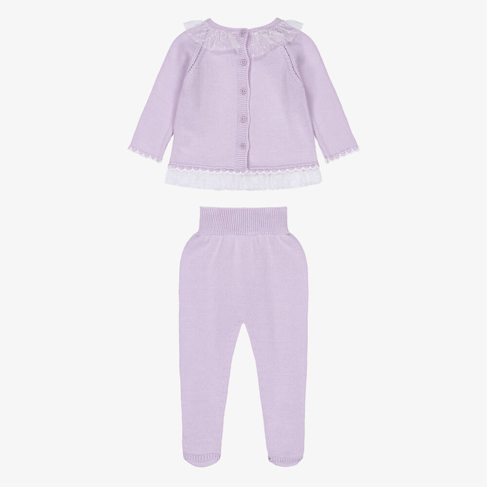 Artesanía Granlei-Girls Lilac Purple Knitted 2 Piece Babygrow with Ruffles | Childrensalon Outlet